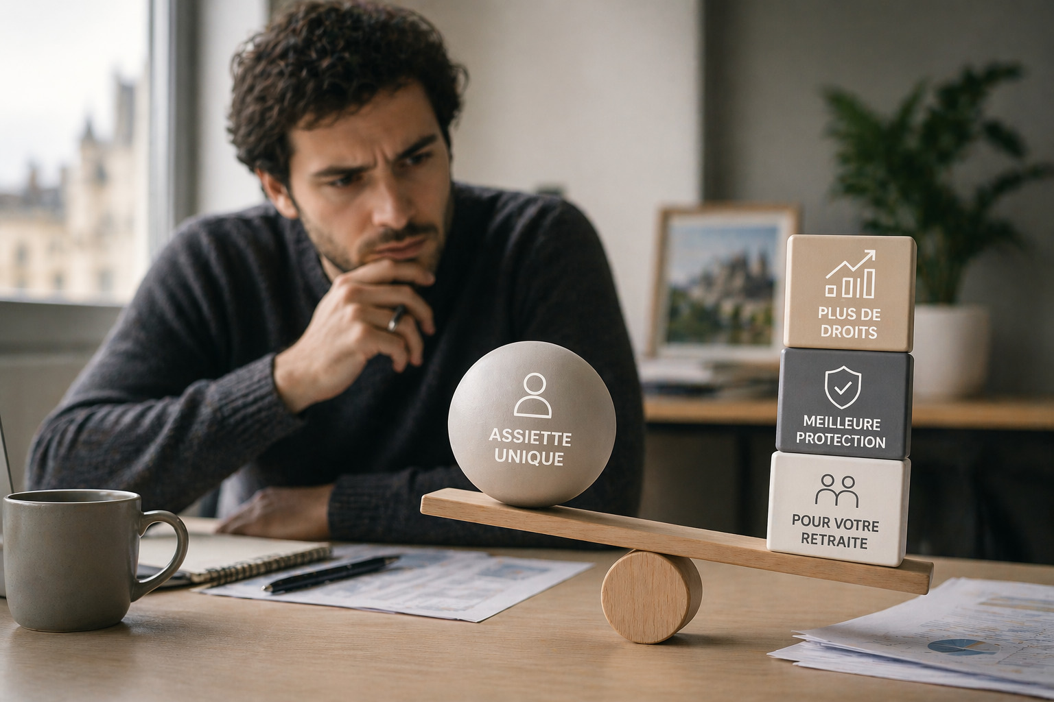 Un travailleur indépendant songeur devant une balance en bois posée sur son bureau. Sur un plateau, une sphère marquée "Assiette Unique" fait contrepoids à des blocs empilés indiquant "Plus de droits", "Meilleure protection" et "Pour votre retraite"